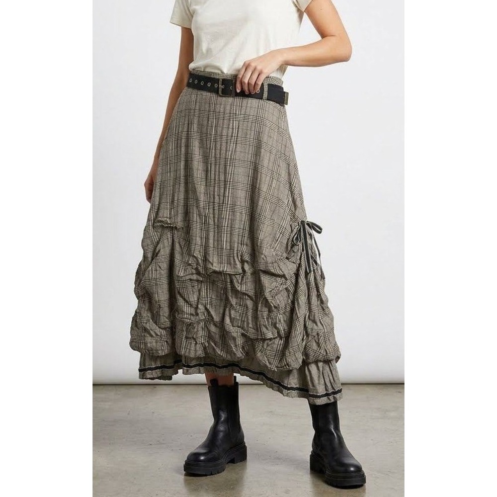 Saga Black Ivory Glen Plaid Belted Ruched Tie Pick Up Long Midi Skirt Large NWT